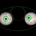 Green Outlined Human Eyes With Red Blood Vessels And Green Pupils On Black Background