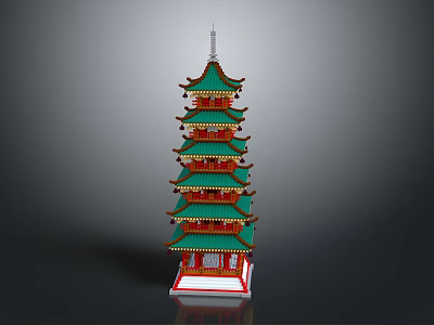 Traditional Chinese Pagoda Model Multi Tiered Design With Green Roofs Red Base And Ornate Details 3d model