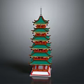 Traditional Chinese Pagoda Model Multi Tiered Design With Green Roofs Red Base And Ornate Details