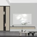 Modern TV Stand In Living Room With White Black Design Potted Plant And Coffee Table