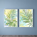 Watercolor Plant Paintings With Green Leaves In White Frames On Light Blue Wall