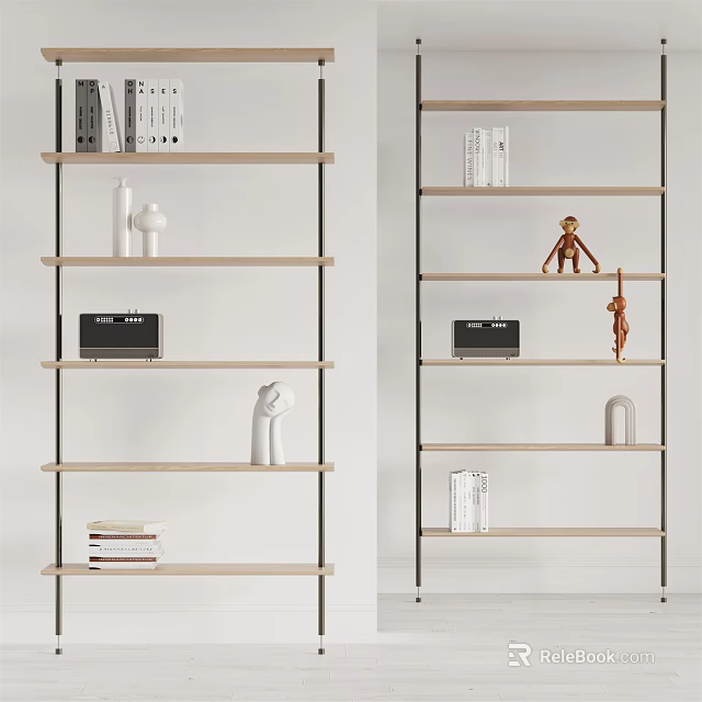 Modern Stylish Shelving Unit With Books Decorative Sculptures White Vases And Black Box 3d model 