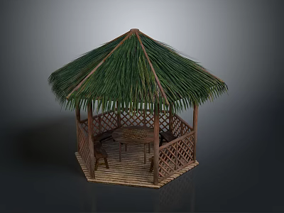 Hexagonal Outdoor Pavilion With Thatch Roof Wooden Structure And Table Chairs Inside 3d model