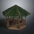 Hexagonal Outdoor Pavilion With Thatch Roof Wooden Structure And Table Chairs Inside