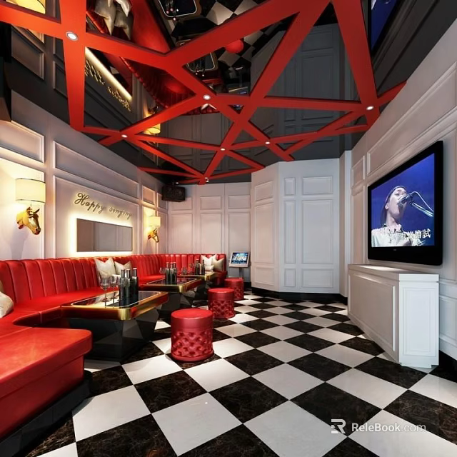 KTV Lounge Interior Design With Red Sofas Black And White Checkered Floor And TV Screen 3d model 
