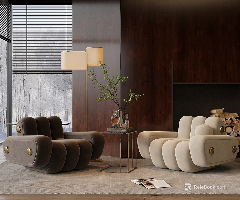 Modern Single Sofa in Brown and Beige with Pleated Design Floor Lamp and Side Table 3d model 