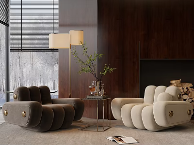 Modern Single Sofa in Brown and Beige with Pleated Design Floor Lamp and Side Table 3d model