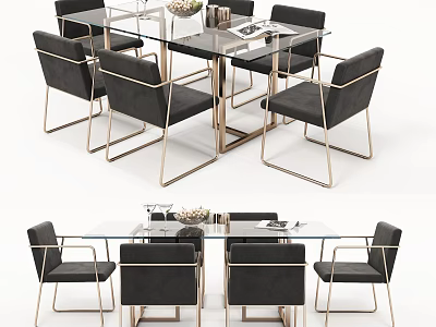 Modern Glass Top Dining Table Set With Black Chairs And Gold Metal Legs 3d model