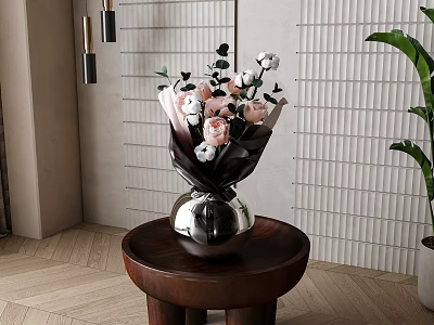 Silver Vase With Black Wrapped Pink Roses White Cotton And Green Leaves On Wooden Table 3d model