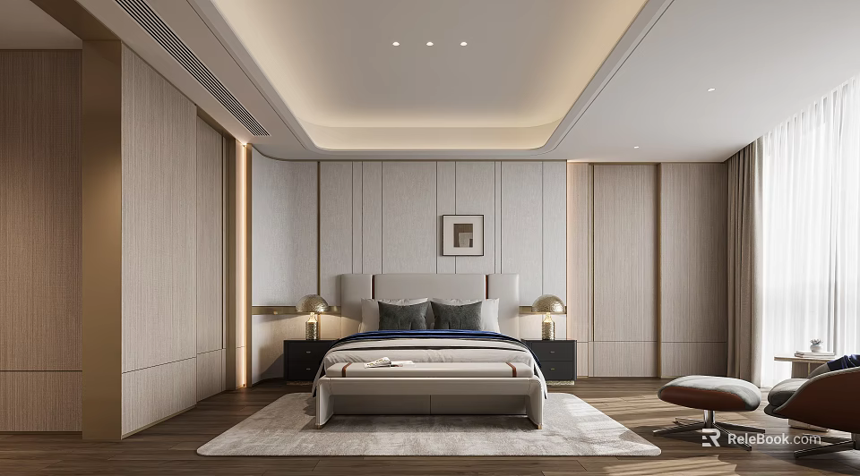 Elegant Modern Bedroom Interior With Bed Nightstands Lamps Paneled Walls And Area Rug 3d model 