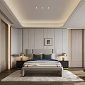 Elegant Modern Bedroom Interior With Bed Nightstands Lamps Paneled Walls And Area Rug