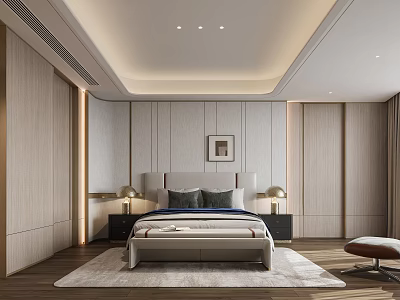 Elegant Modern Bedroom Interior With Bed Nightstands Lamps Paneled Walls And Area Rug 3d model