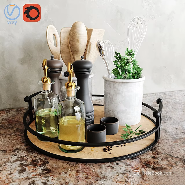 Stylish Kitchen Utensils With Olive Oil Bottles Pepper Grinders Wooden Spoons And Green Herbs On Decorative Tray 3d model 