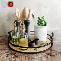 Stylish Kitchen Utensils With Olive Oil Bottles Pepper Grinders Wooden Spoons And Green Herbs On Decorative Tray