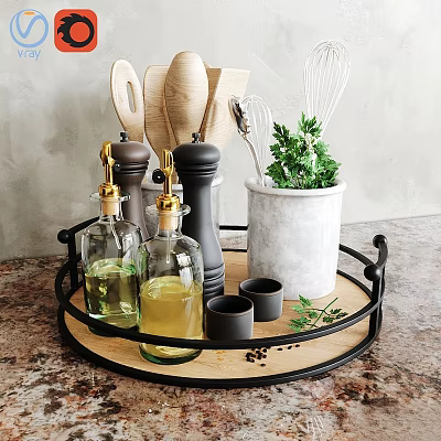 Stylish Kitchen Utensils With Olive Oil Bottles Pepper Grinders Wooden Spoons And Green Herbs On Decorative Tray 3d model