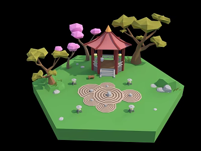 Cartoon Scene with Red Pavilion Green Grassy Area Pink Green Trees and Spiral Pattern 3d model