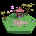 Cartoon Scene with Red Pavilion Green Grassy Area Pink Green Trees and Spiral Pattern