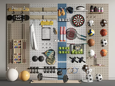 Organized Sports Equipment Display On Pegboard Wall With Basketball Volleyball Dumbbells And Dartboard 3d model