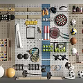 Organized Sports Equipment Display On Pegboard Wall With Basketball Volleyball Dumbbells And Dartboard