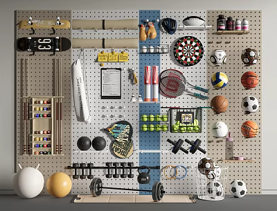 Organized Sports Equipment Display On Pegboard Wall With Basketball Volleyball Dumbbells And Dartboard 3d model
