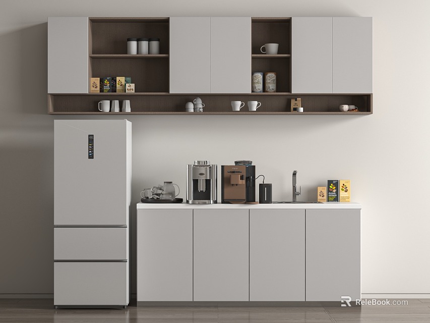 Modern Office Pantry with White Cabinets Open Shelves Cups Coffee Machine and Refrigerator 3d model 