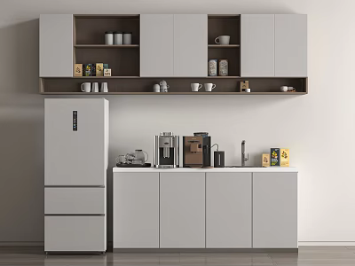 Modern Office Pantry with White Cabinets Open Shelves Cups Coffee Machine and Refrigerator 3d model