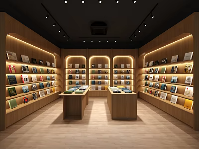 Modern Bookstore Interior with Wooden Bookshelves Central Display Tables and Arranged Books 3d model
