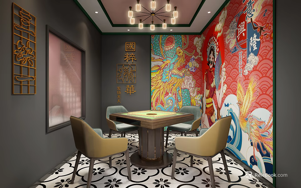Elegant Hotel Mahjong Room Interior With Chinese Mural Chandelier Decorative Chairs And Patterned Floor 3d model 