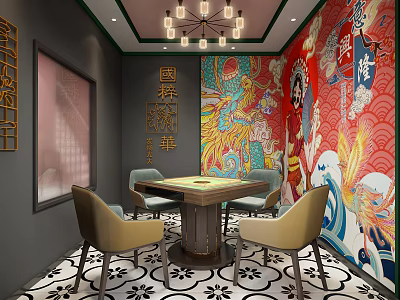 Elegant Hotel Mahjong Room Interior With Chinese Mural Chandelier Decorative Chairs And Patterned Floor 3d model