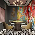 Elegant Hotel Mahjong Room Interior With Chinese Mural Chandelier Decorative Chairs And Patterned Floor