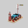 Blue Vintage Car Model With Traffic Light And Gas Pump On Display Stand