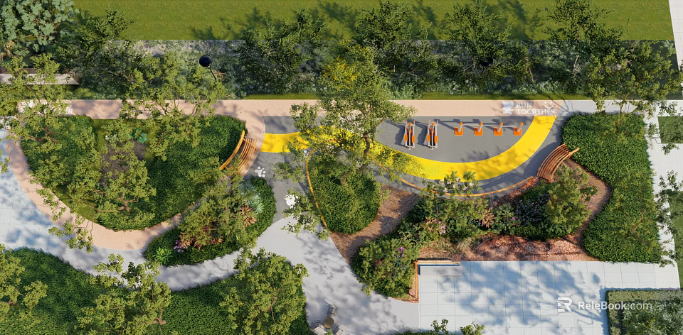 Kids Play Area With Greenery Play Equipment Yellow Surface Seats And Trees 3d model 