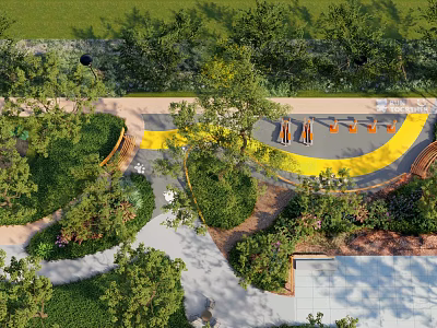 Kids Play Area With Greenery Play Equipment Yellow Surface Seats And Trees 3d model