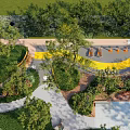Kids Play Area With Greenery Play Equipment Yellow Surface Seats And Trees