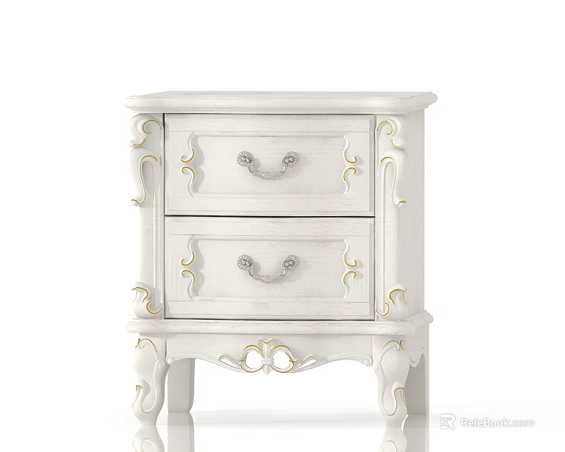 White Classic Bedside Table With Two Drawers And Golden Accents On Elegant Legs 3d model 