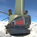 Green Military Transport Helicopter Flying With Landing Gear Extended In Blue Sky Clouds
