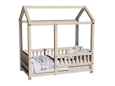 Wooden House Shaped Children's Bed with Roof Design Guardrails and Soft Bedding 3d model