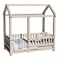 Wooden House Shaped Children's Bed with Roof Design Guardrails and Soft Bedding