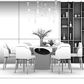 Modern Dining Table Set With Beige Chairs Chandelier And Marble Wall 3d model