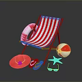 Beach Scenery Featuring Red And White Striped Deck Chair Lifebuoy Beach Ball And Starfish