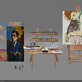 Wooden Easel Canvas Small Table With Colorful Paint Tubes And Art Brushes