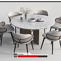 Modern Round Dining Table Set with Marble Top and Six Gray Upholstered Chairs 3d model