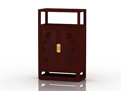 Dark Brown Chinese Style Shoe Cabinet With Carved Patterns Open Top Shelf And Golden Handle 3d model