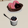 Creamy White Dessert In Glass Cup With Blueberries Berry Sauce Black Spoon And Donut Basket