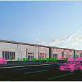 Modern Industrial Factory Building With Glass Facade Surrounding Road Vehicles And Pedestrians