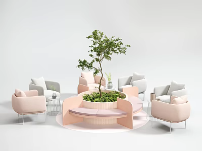 Casual Sofa Set With Pink Gray Chairs Round Green Plant Center Design 3d model