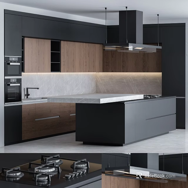 Modern Kitchen Interior With Black And Wooden Cabinets Island Countertop And Backsplash 3d model 