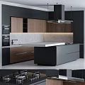 Modern Kitchen Interior With Black And Wooden Cabinets Island Countertop And Backsplash