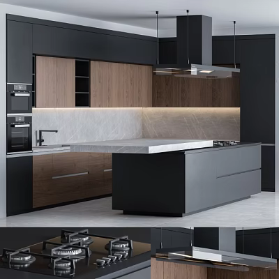 Modern Kitchen Interior With Black And Wooden Cabinets Island Countertop And Backsplash 3d model