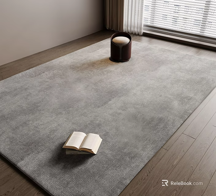 Soft Gray Square Rug on Wooden Floor with Open Book and Small Stool 3d model 